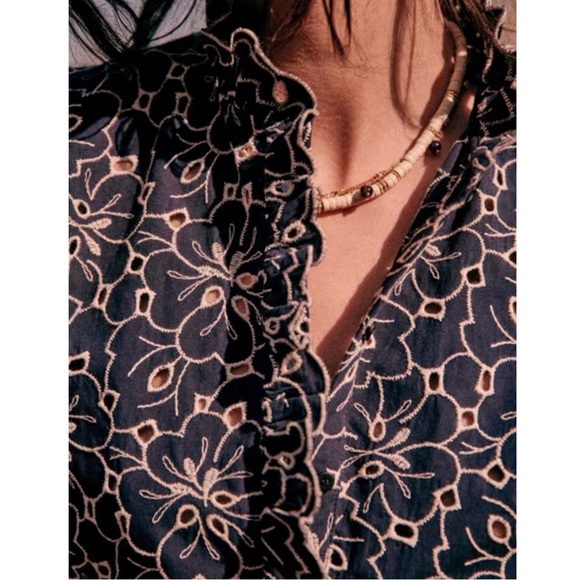 SEZANE Navy Blue White Eyelet Embroidered Floral Button Down Mathilda Blouse Top - Picture 4 of 12
